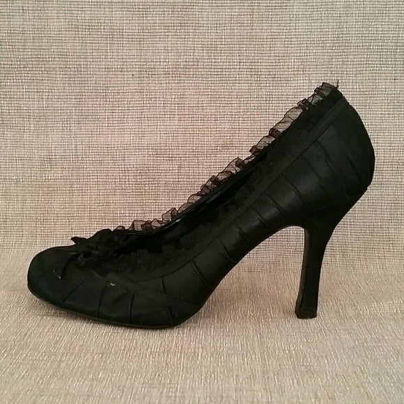 pulse Shoes - Pulse black satin ruffle lace bow heels pumps 11